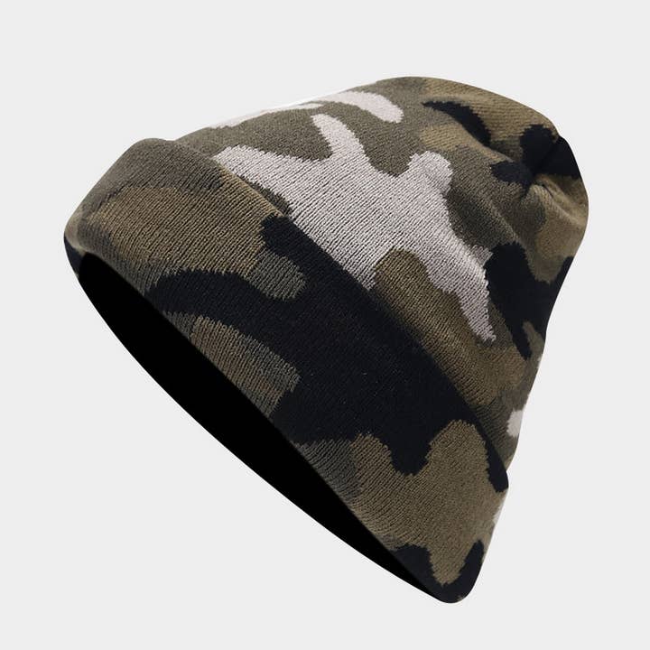 ACCITY - Wholesale Beanie - Unisex - CAMOUFLAGE JACQUARD ROLLED BRIM BEANIE KNITTED HAT_CWAH2078