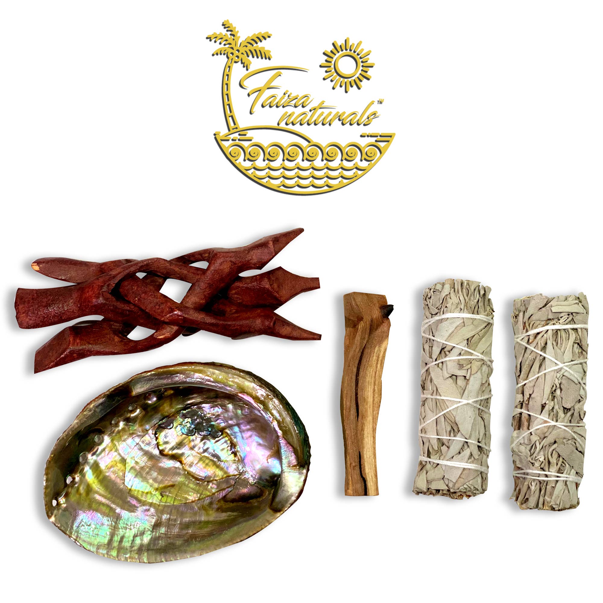 Faiza Naturals - Wholesale Sage Bundle - Smudge Set with White Sage, Abalone Shell and Palo Santo1