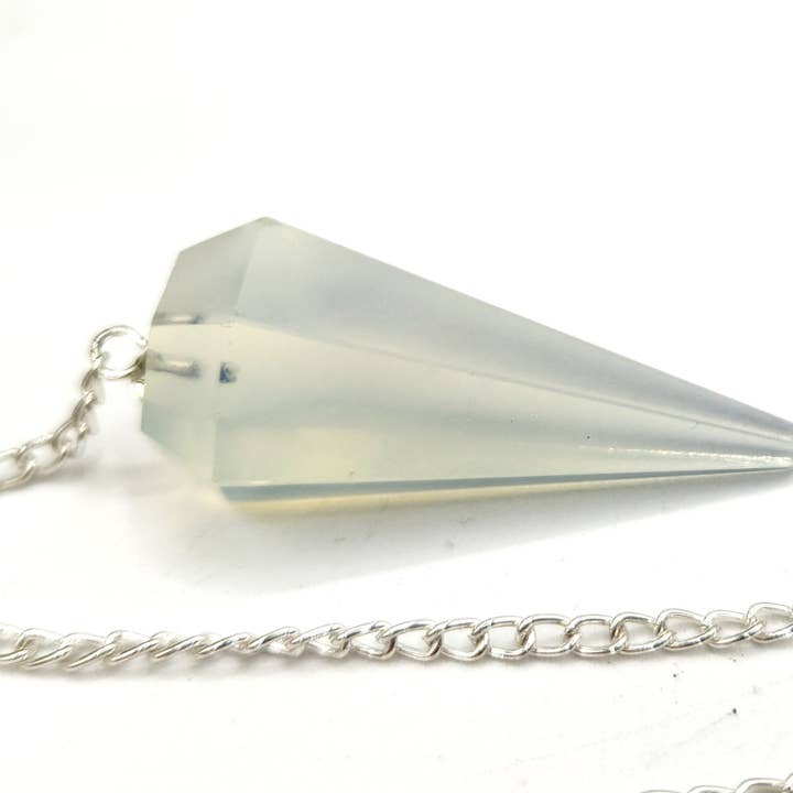 Meraki Gemstones - Wholesale Spiritual stone/crystal - Opalite Pendulum w/Silver Plated Chain & Clear Quartz Bead5