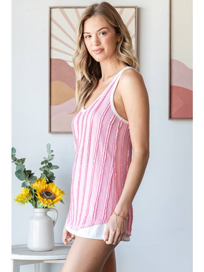 7th Ray - Venta al por mayor Túnica - Mujer - Top de Tirantes con Textura Arrugada y Contraste de Color Cuello Redondo T59382