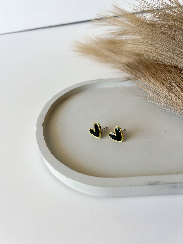 Gold Trim Heart Studs, Black for wholesale by Sincerely, Abi