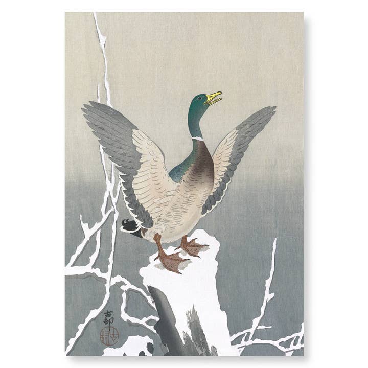 CANARD SUR UNE SOUCHE D'ARBRE ENNEIGÉE : impression d'art japonaise pour la vente par Ezen Trade