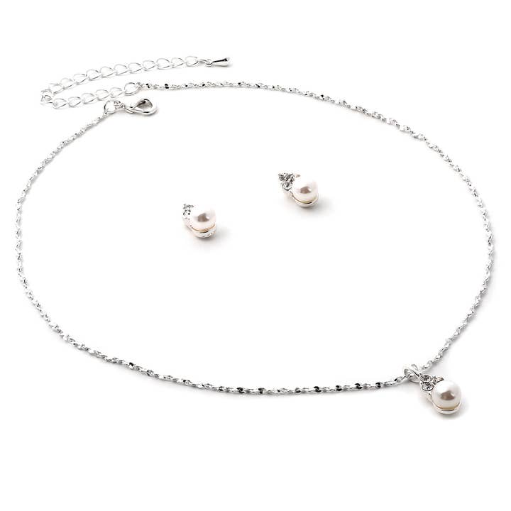Silver Chain Necklace with White Pearl and Stud Earrings Set for wholesale by Cool Crystals