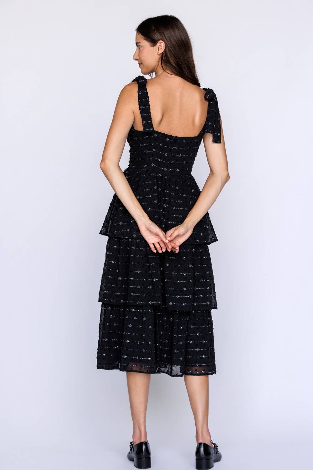 BLACK SILVER JD7776-TIERED RUCHED MIDI DRESS for wholesale on Faire1