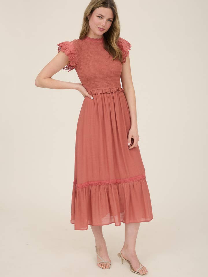 Blu Pepper - Wholesale Dress - Women's - SMOCKED EYELET TRIM RUFFLE DETAIL MIDI DRESS