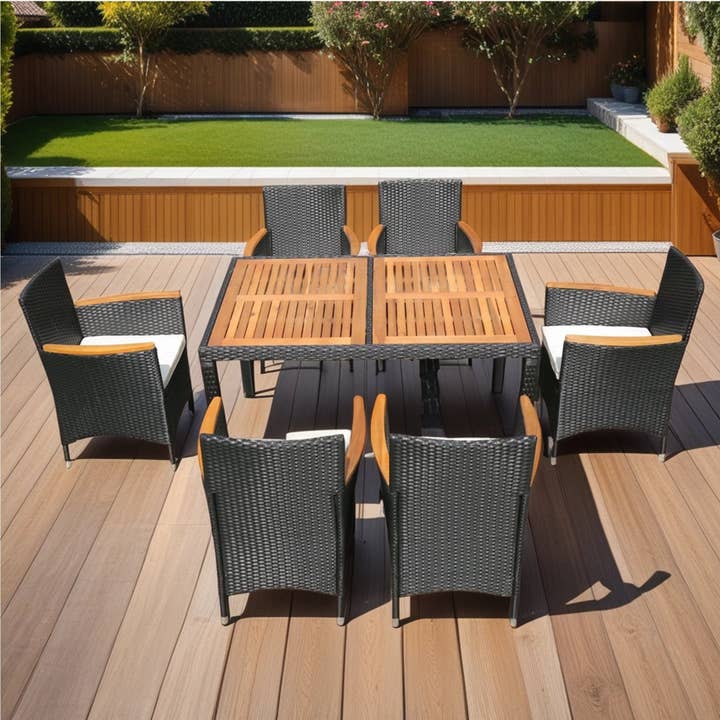 HOMYCASA DESIGN INC - Wholesale Patio Set - 7-Piece Outdoor Wicker Dining Set with Acacia Wood Table7