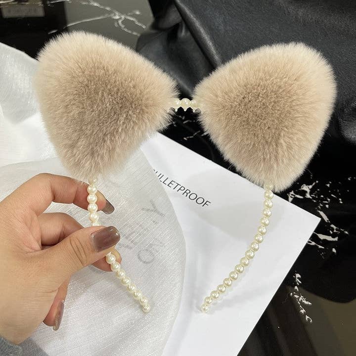FurDecoration - Wholesale Fashion headband – women's - Rex Rabbit Fur Cat Ears Headband with Pearls1