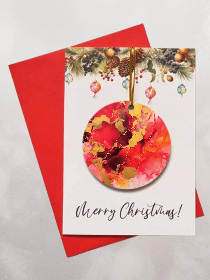 „Merry Christmas“ -Karte aus rotem und goldenem Marmor mit abnehmbarer Weihnachtskugel für den Großhandel von Homemade Hollydays Wholesale
