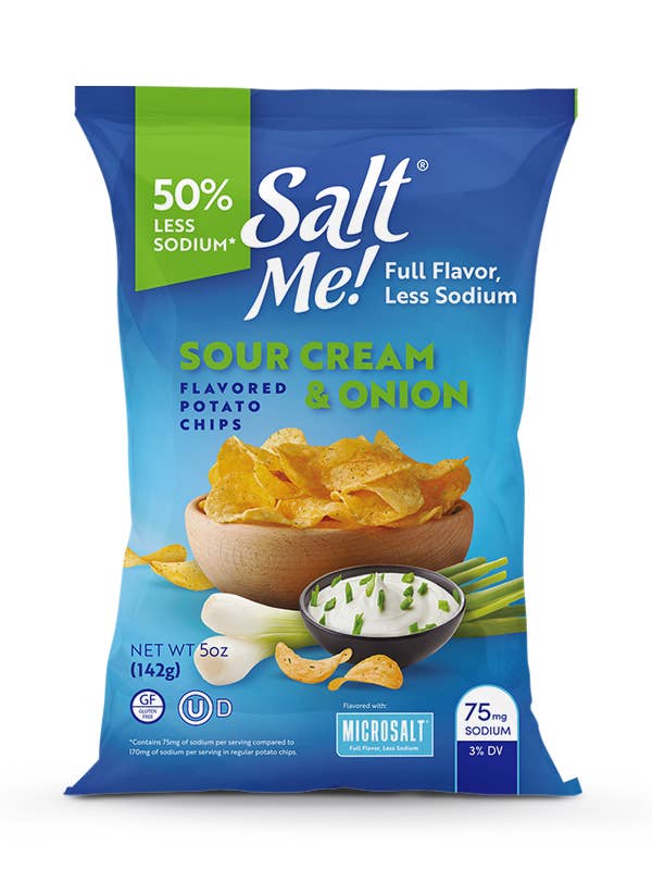 SaltMe! Sour Cream & Onion Potato Chips 50% Less Sodium for wholesale by MicroSalt Inc