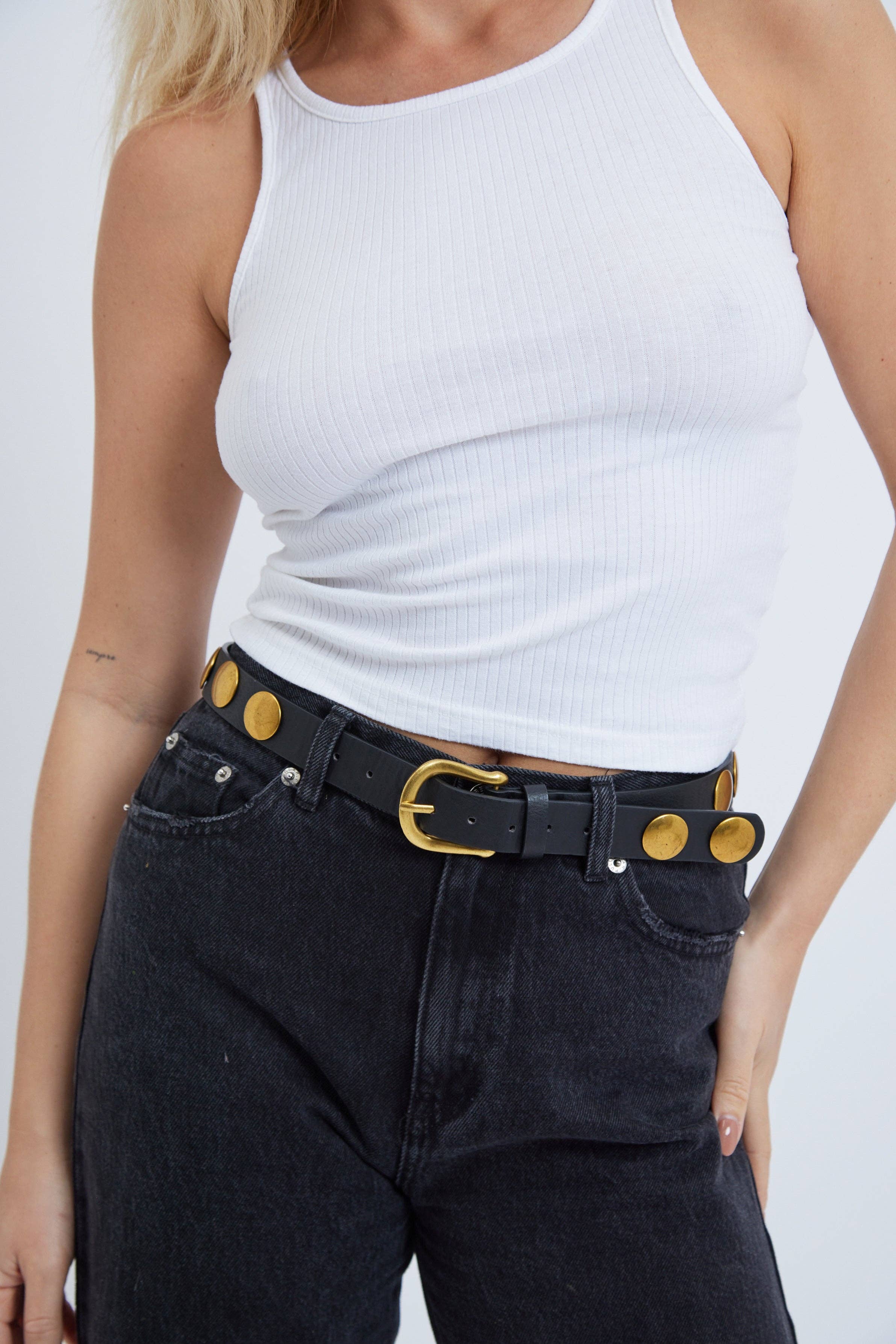 Round Studded Belt in Black and Vintage Gold for wholesale on Faire