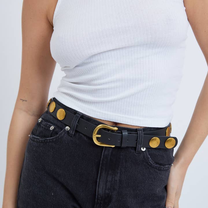 Round Studded Belt in Black and Vintage Gold for wholesale on Faire0