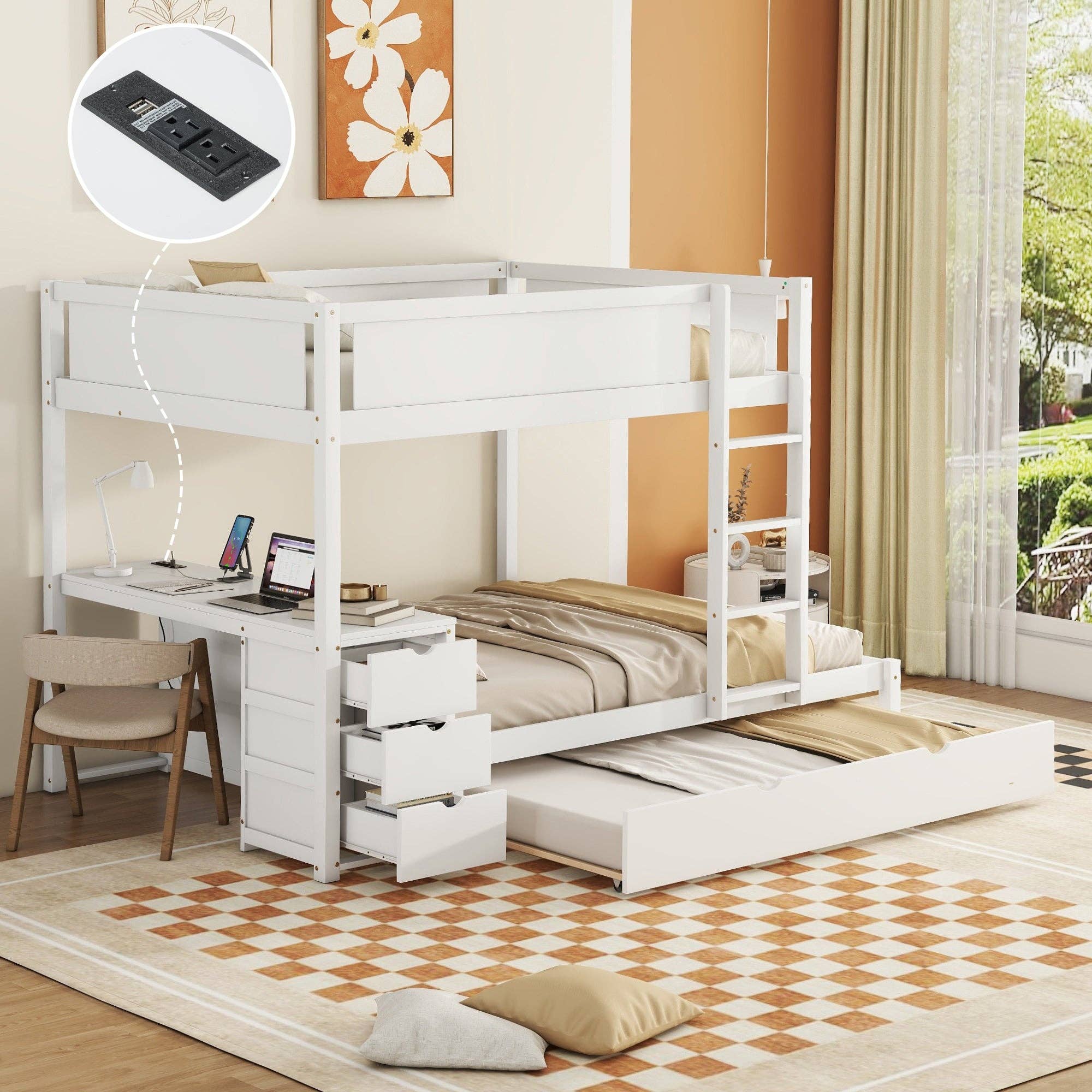39F Inc. - Wholesale Bed - Full-Over-Full Bunk Bed with Trundle, Storage & Desk – White2