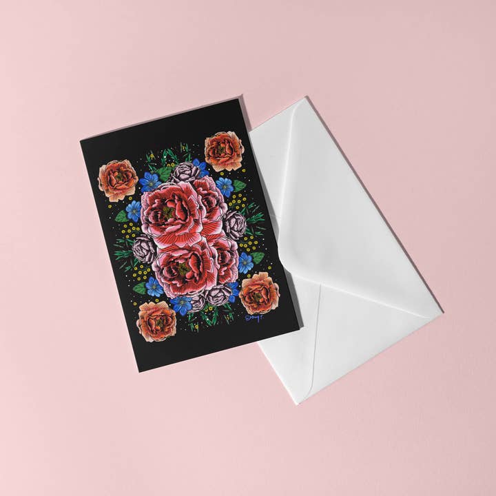 Schwarze Grußkarte mit Blumen für den Großhandel von Emma Phelan Design