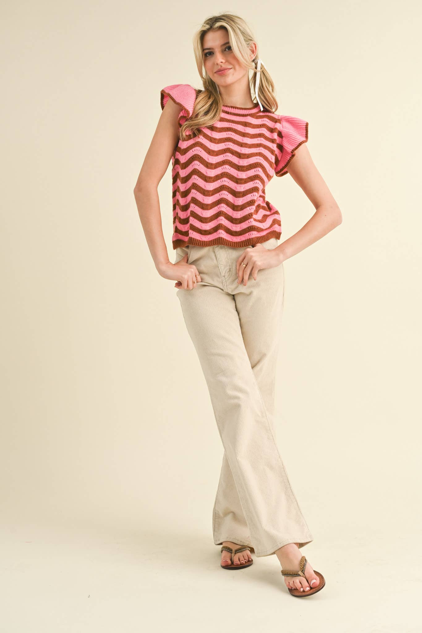 &MERCI - Wholesale Knit Sweater - Women's - WAVY STRIPES FLUTTER SLEEVE SWEATER TOP MSW1050923