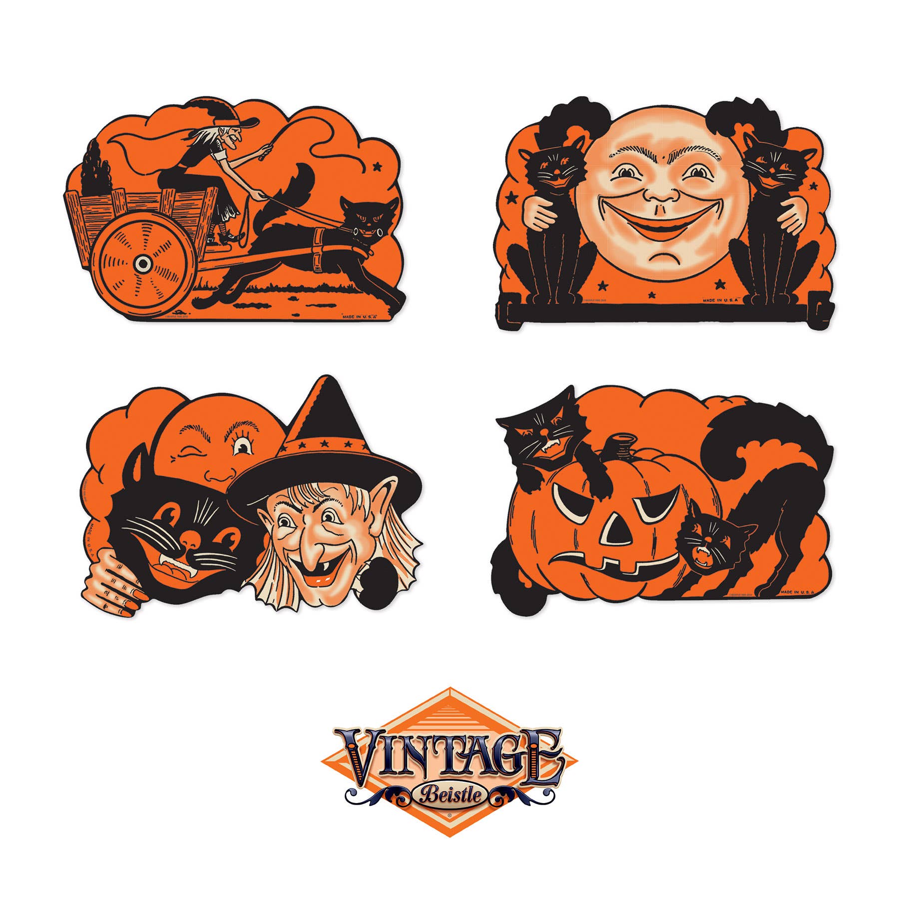 Beistle - Wholesale Cutouts - 4 Vintage Halloween Cutouts, 9", printed on 2 sides2