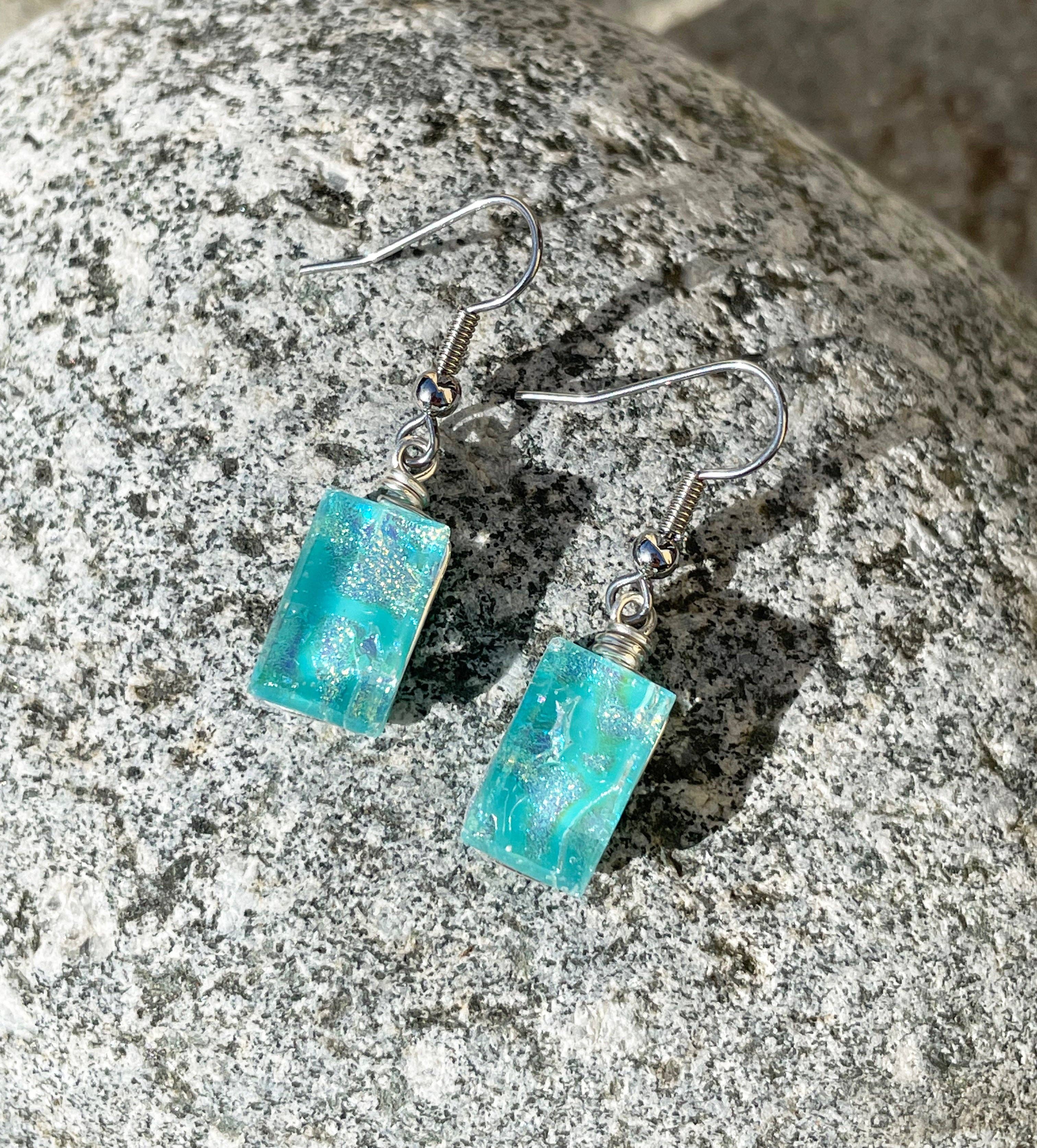 Flame Work Designs - Glass Jewelry - Wholesale Dangle Earrings - Dichroic Glass Earrings - Light Blue2
