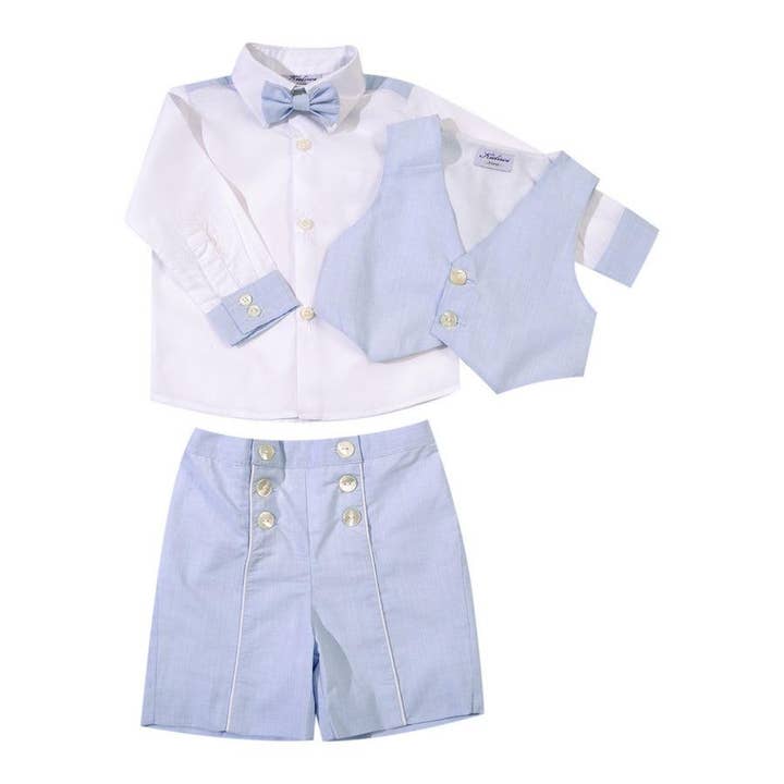 Ensemble chemise blanche, short et gilet de garçon blanc/bleu ciel pour la vente par Kidiwi handmade