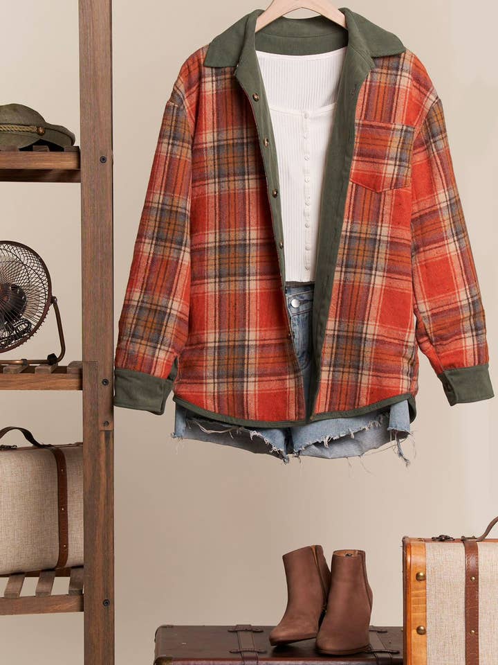 Mello. - Wholesale Button Down Shirt - Women's - Reversible Corduroy and Plaid Button Down Shirt