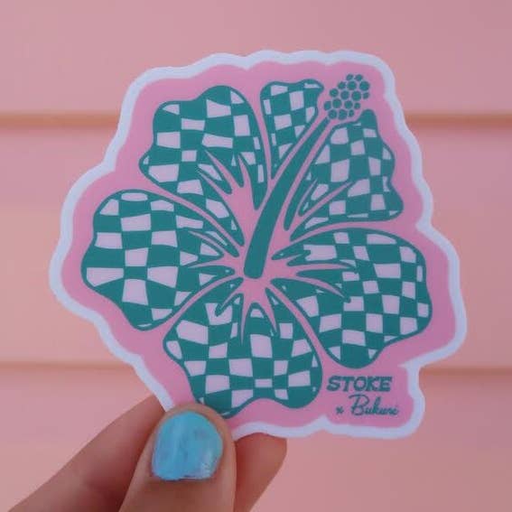 CHECKERBOARD AQUA HIBISCUS STICKER for wholesale by Stoke Design Company