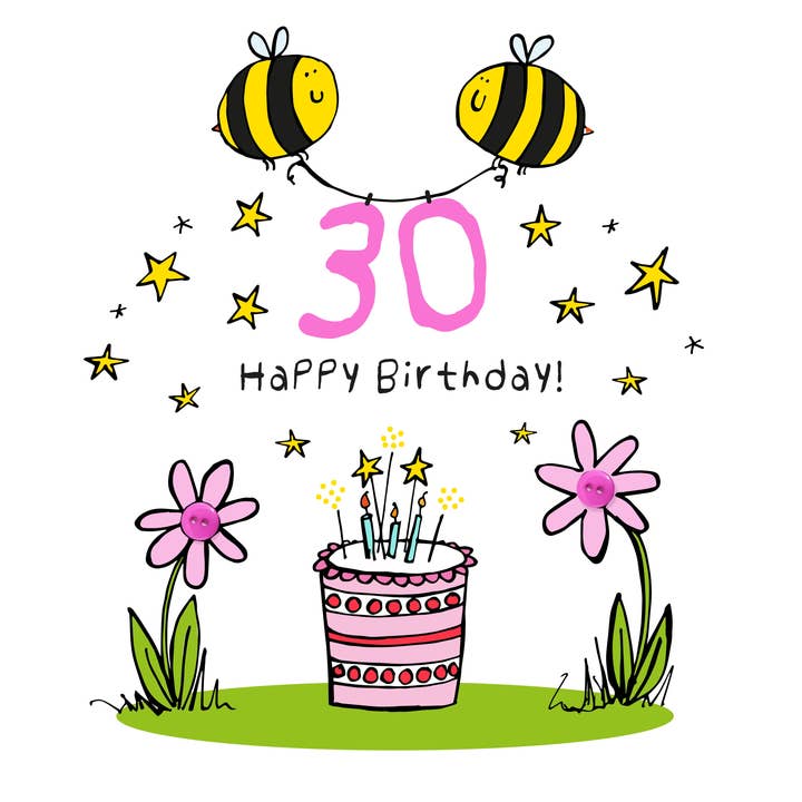FELIZ ANIVERSÁRIO 30, TRINTA, ABELHA, BOLO, CARTÃO DE ARMARINHO FOFO por atacado de The Spare Button Card Range