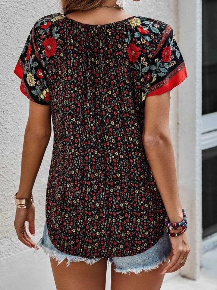 NINEXIS - Wholesale Blouse - Women's - CWTBLS1117_CASUAL BOHO V-NECK SHORT-SLEEVED SHIRT TOP
