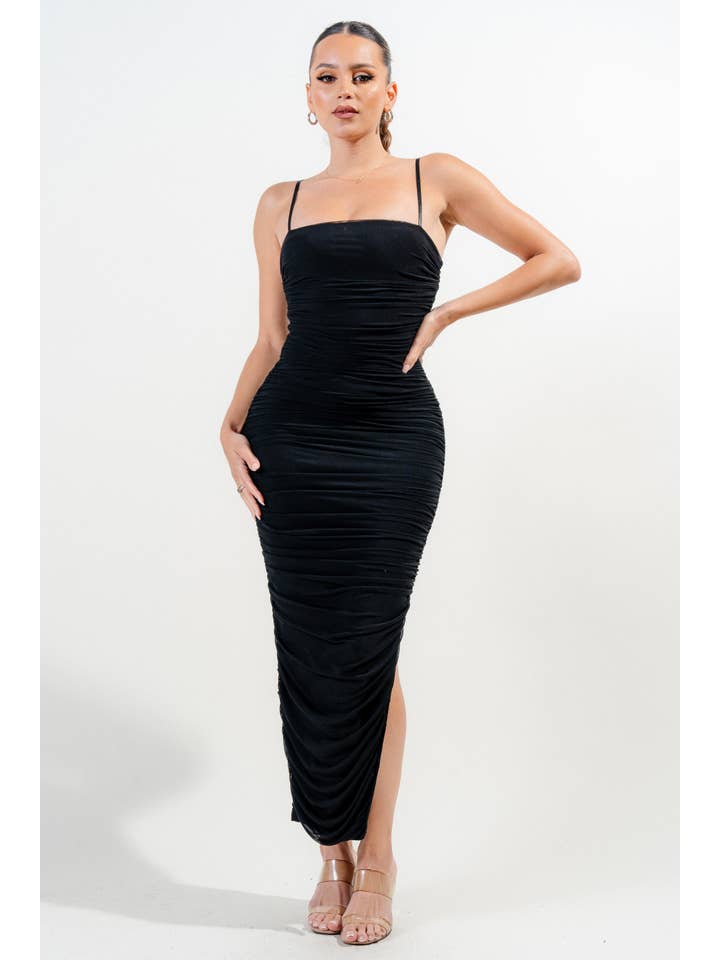 PRIVY - Vente Robe – femme - PD6771NW_LUX ROBE MIDI FENDUE CÔTÉ OUVERT EN MAILLE FRONCÉE5