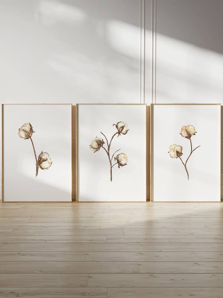 Conjunto de 3 impressões de pintura em aquarela de cápsulas de algodão por atacado de Goodfairyart