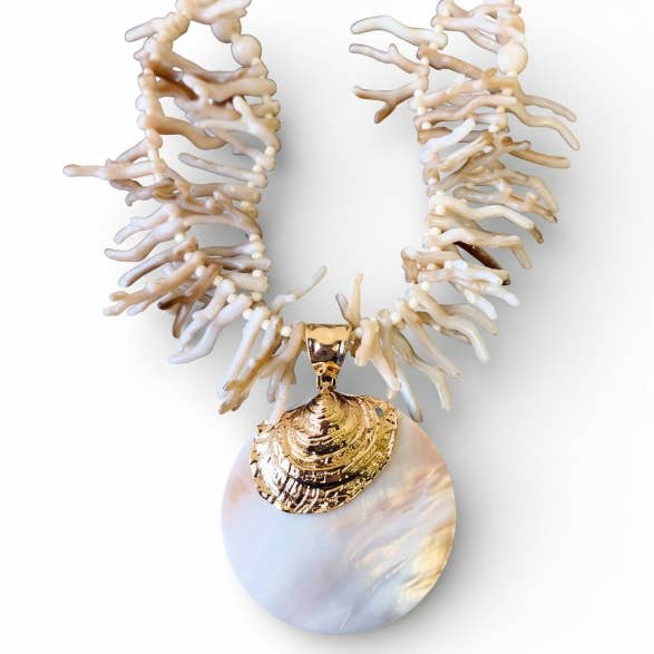 White Coral Branch Shell Necklace | Handmade Statement Jew for wholesale by Bijoux Envie Statement Jewelry