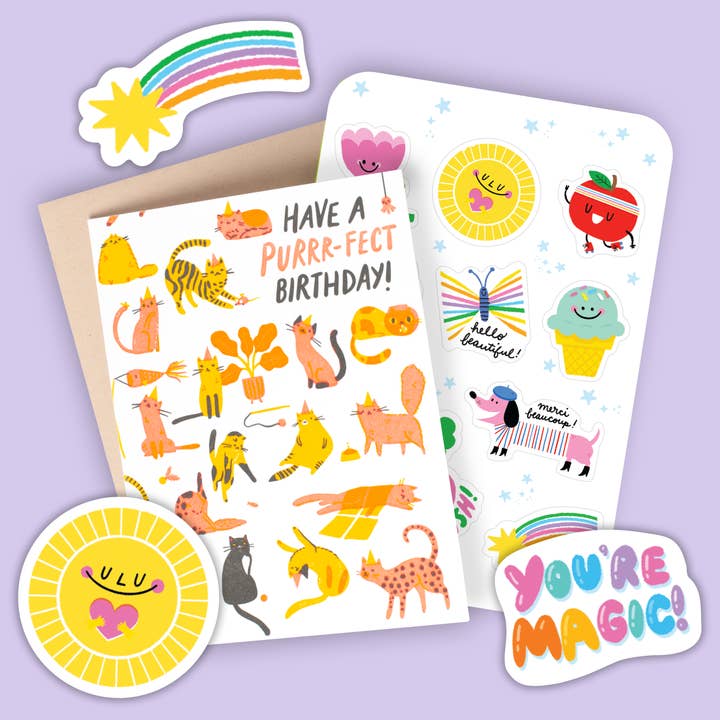 Card & Sticker Sheet Set - Cat Birthday Purr for wholesale by Egg Press Manufacturing