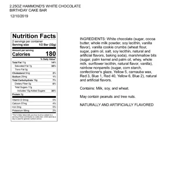 Hammond's Candies - Wholesale Cake - Candy Bar - White Chocolate - Birthday Cake - 2.25 oz1