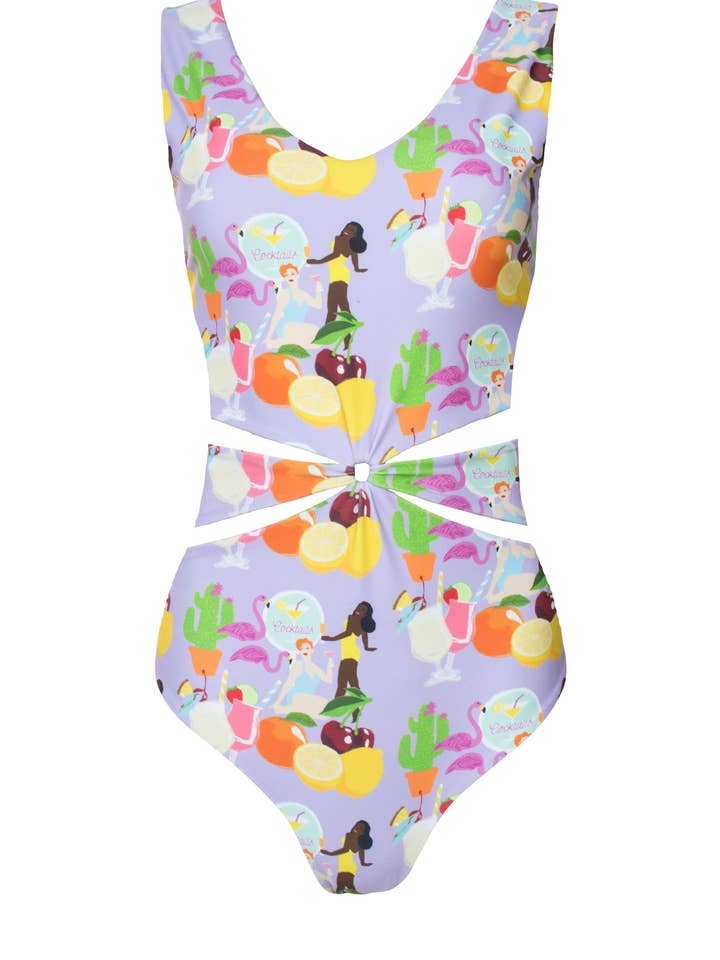 Cocktail Print Cut Out One Piece for wholesale by Hilary MacMillan