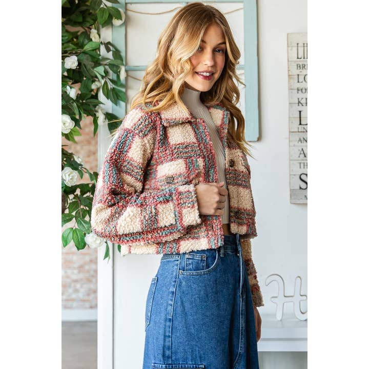 Veveret - Wholesale Jacket - Women's - Plaid Sherpa Short Button Jacket34