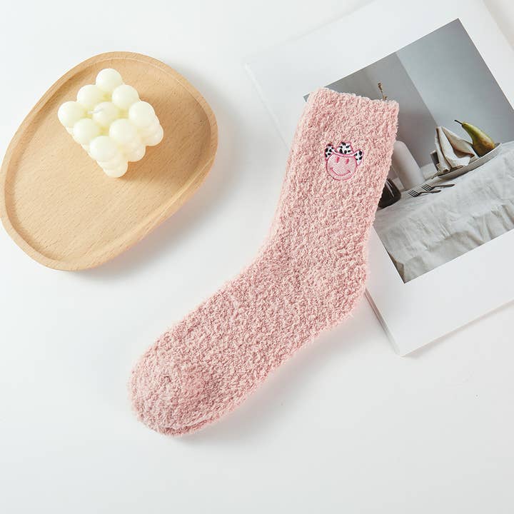 ASSORTED COLORS Happy Face w Cowboy Hat Fuzzy Winter Socks for wholesale on Faire3