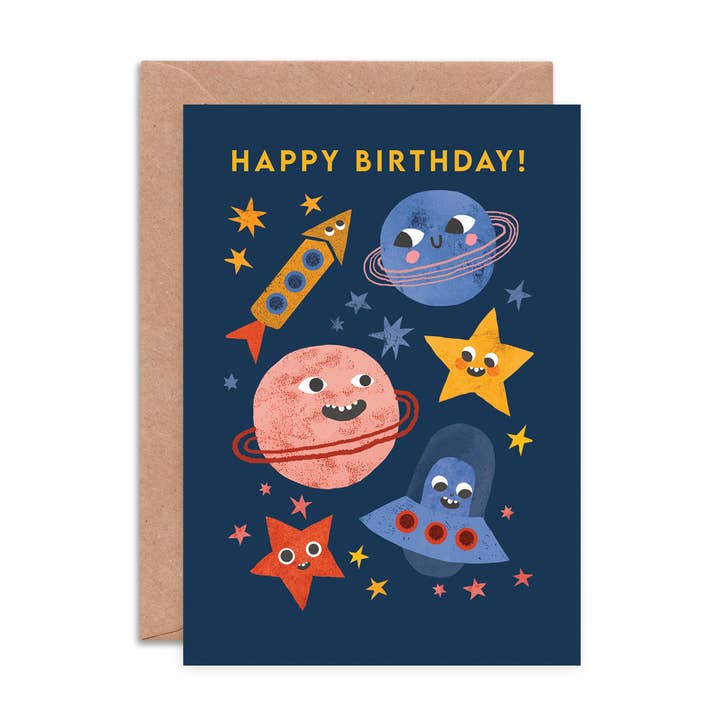 Space Faces Birthday Card | A6 Planet Themed Greeting Card for wholesale by Emily Nash Illustration Greeting Cards