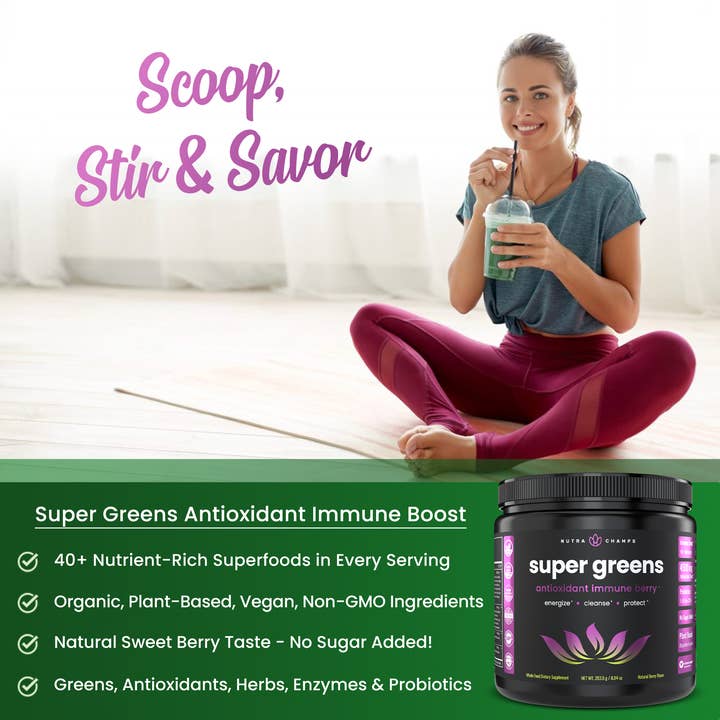 NutraChamps - Vente Poudres protéinées/superaliments - Superaliment antioxydant de qualité supérieure en poudre Super Greens 2
