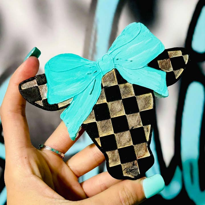 Checkered Cow with Bow Car Freshie for wholesale by Rowdy Girl Freshies