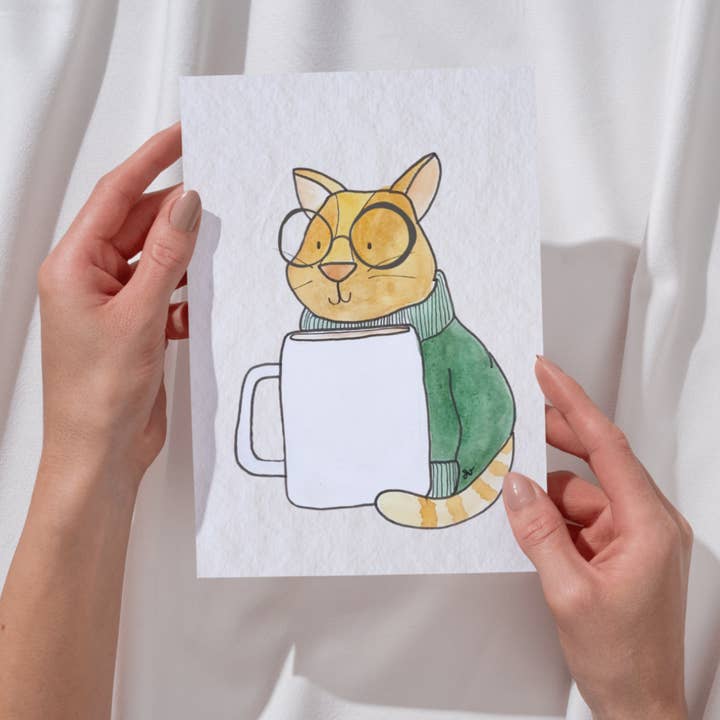 Coffee Cat Greeting Card for wholesale by Song & Sparrow Studio