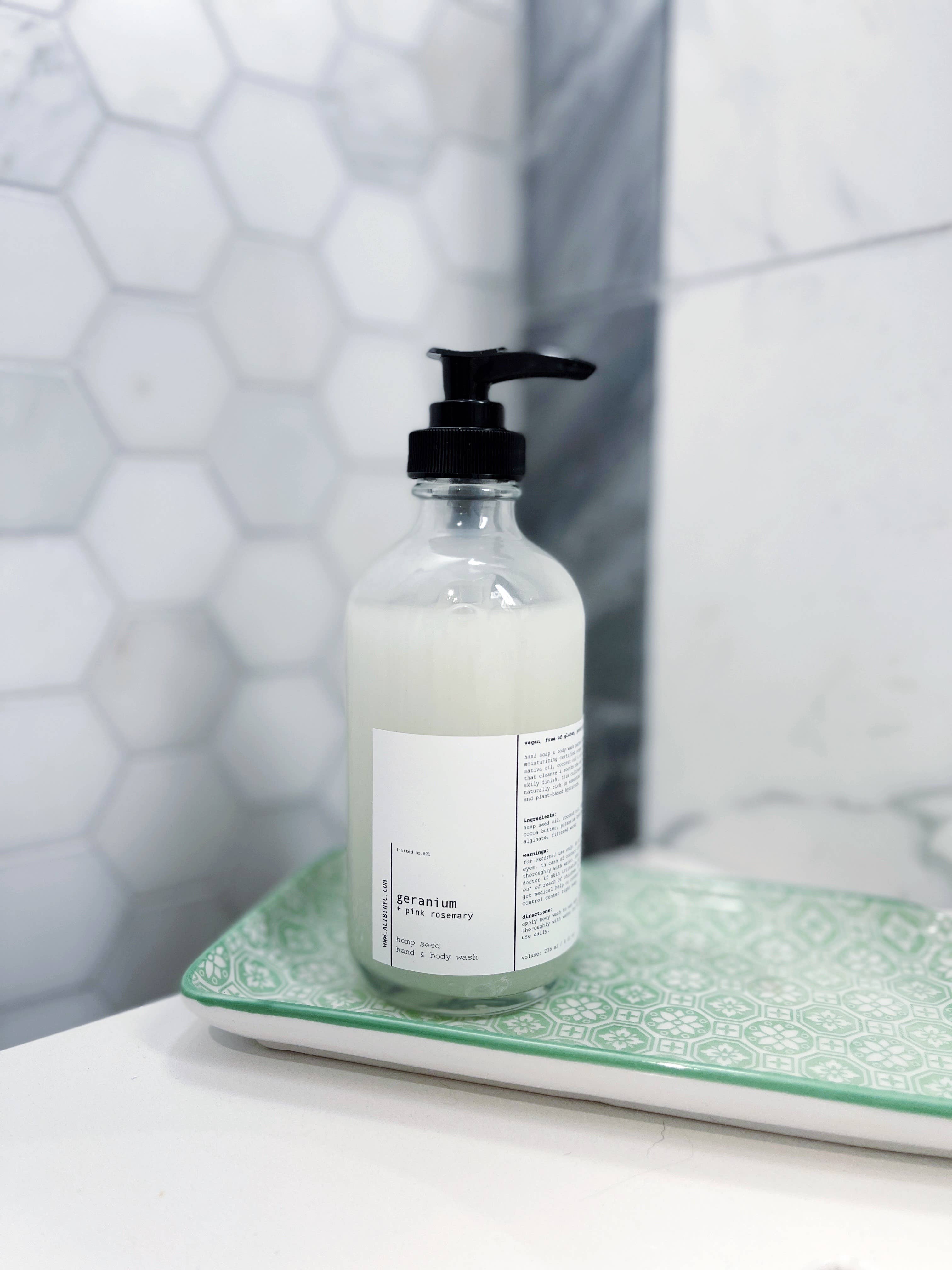 ALIBI NYC – wholesale Body wash/shower gel – GERANIUM + PINK ROSEMARY | ORGANIC HEMP SEED BODY SOAP1