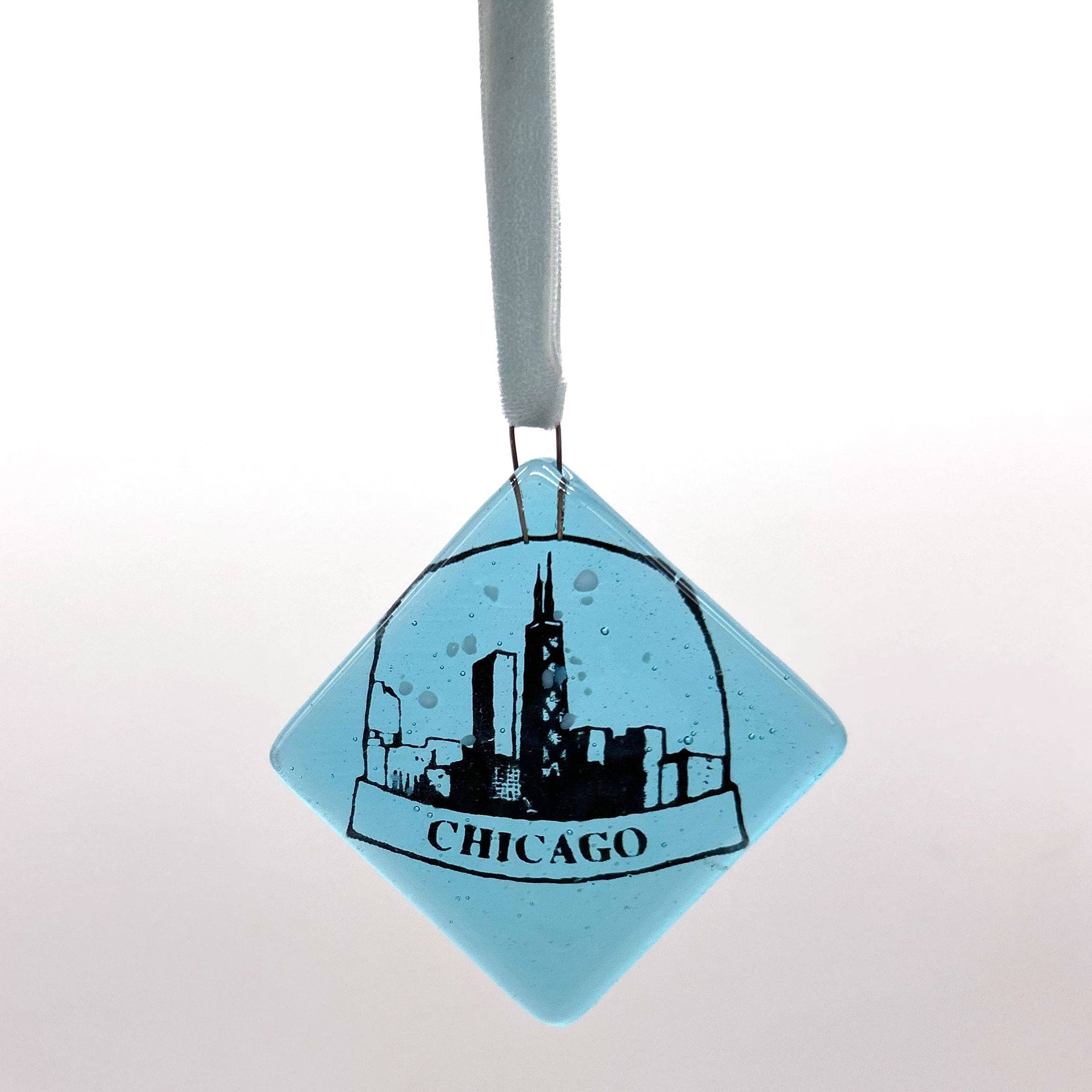 Kiku Handmade | Contemporary Fused Glass Home Goods - Wholesale Ornament - Chicago Snowglobe Fused Glass 2.25" Ornament1