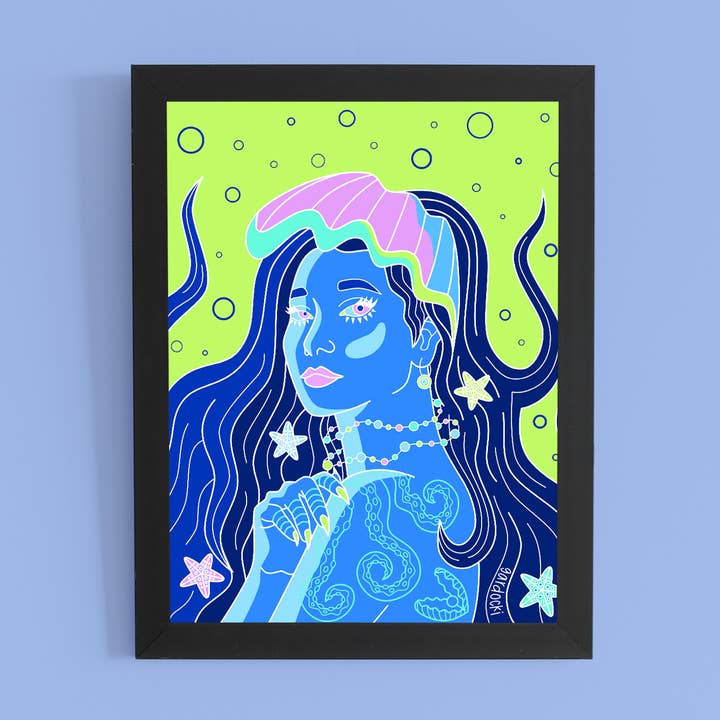 Glemt på havbunden kunsttryk, pige med perleørering for engroshandel hos Brianna Gardocki Art