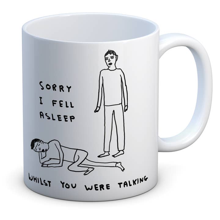 Funny Gift David Shrigley Mug - Fell Asleep Talking for wholesale by David Shrigley x Brainbox Candy