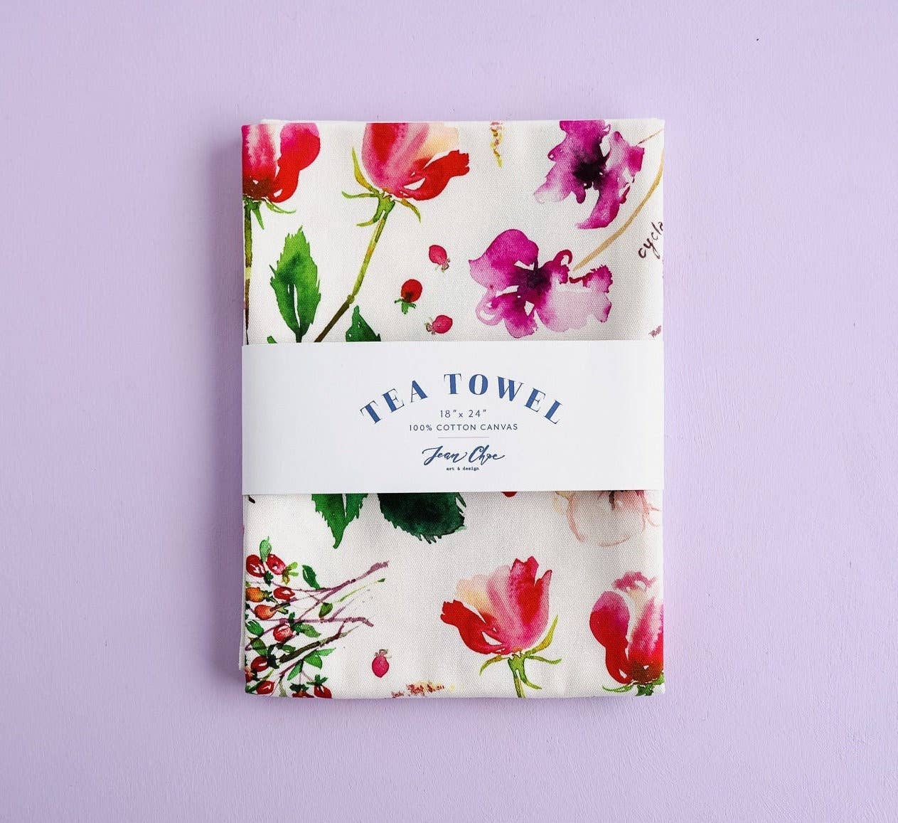 Jean Choe Art & Design - Wholesale Tea Towel - Botanical Rainbow (Red) Kitchen Tea Towel. Floral Tea Towel.