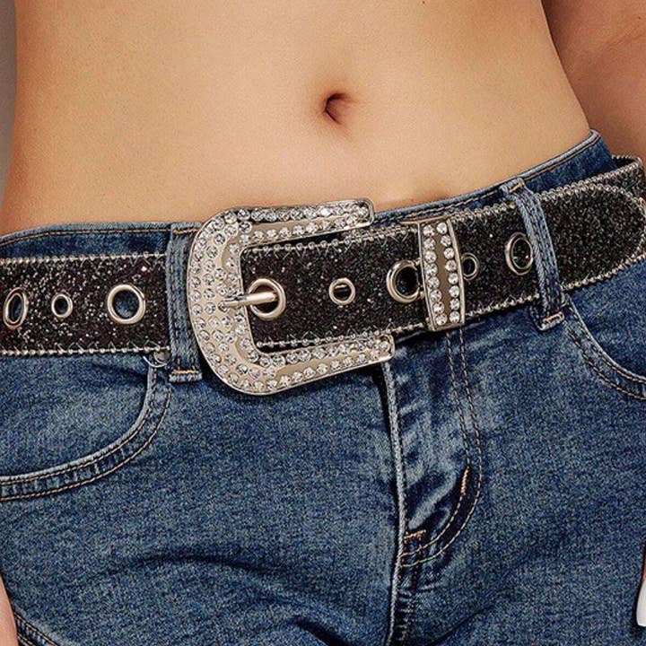 Black Rhinestone Buckle Belt for wholesale on Faire