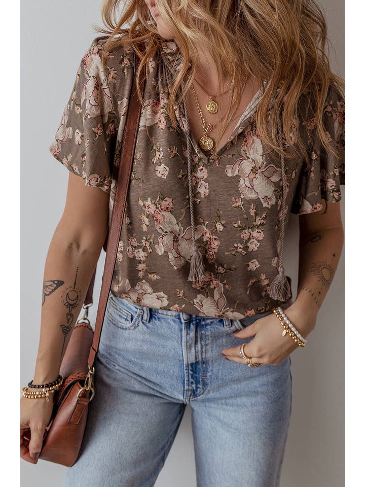 Khaki Retro Floral Print Tassel Tie Split Neck Short Sleeve Blouse for wholesale on Faire