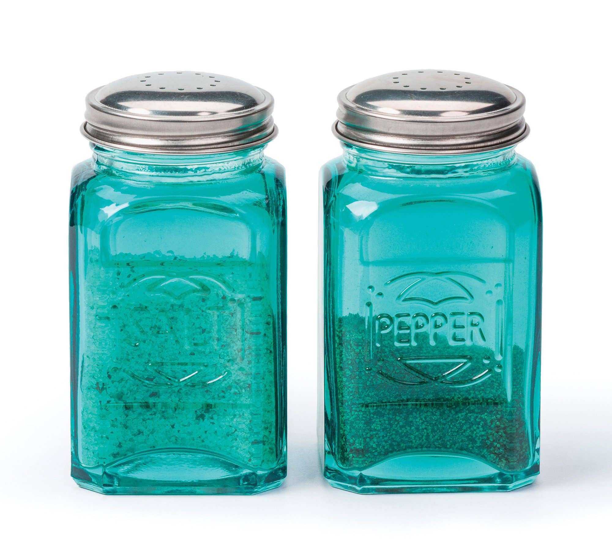 RSVP International - Wholesale Salt & Pepper Shaker Set - Retro Glass S&P Set - Turquoise2