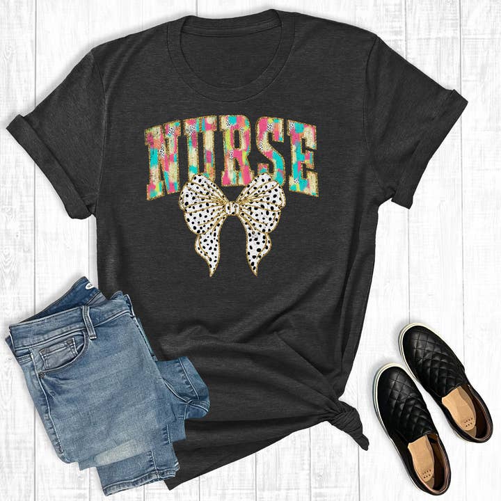 Retro Colorful Coquette Bow Nurse Graphic Tee for wholesale by The Way Down South