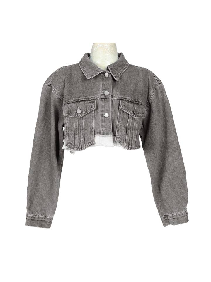 Veste en denim raccourcie délavée foncée PE4064 pour la vente par Beulah Style