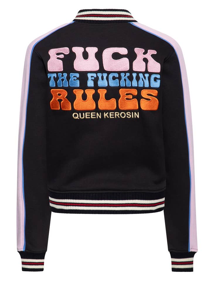 Casaco universitário 'Fuck The Fucking Rules' em preto por atacado de KING KEROSIN