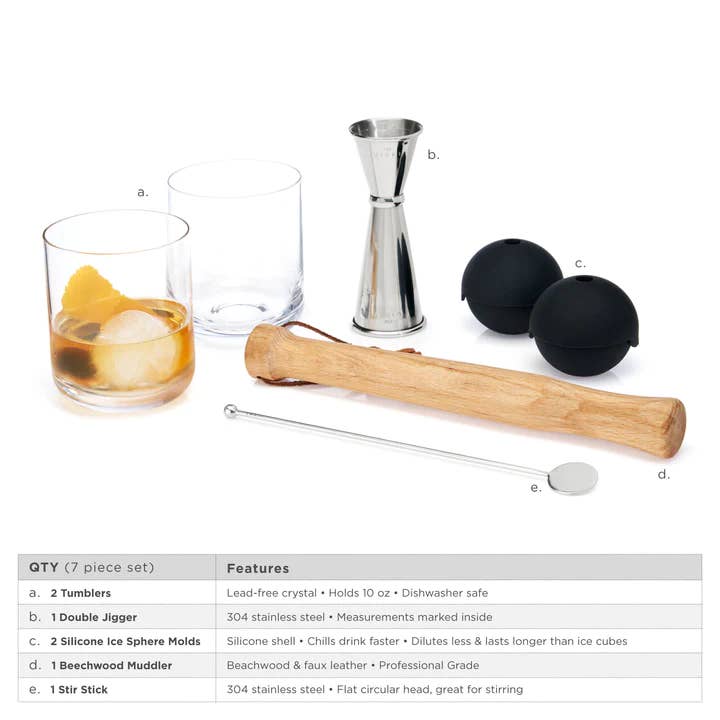 Viski - Wholesale Bar Tool - Viski Professional Cocktail Muddler Barware Set - Set of 7