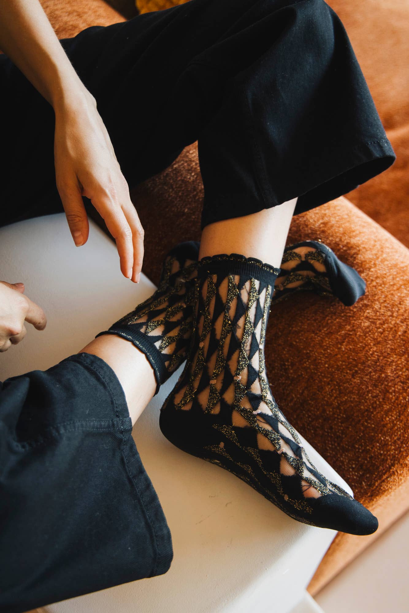 Atelier St Eustache - Wholesale Socks - Women's - ARLECCHINO GOLD • Women's graphic sheer socks6